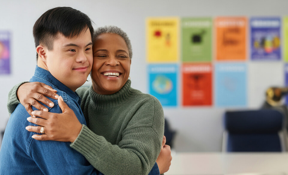 Middle aged black woman hugging a young asian man with downsyndrome.